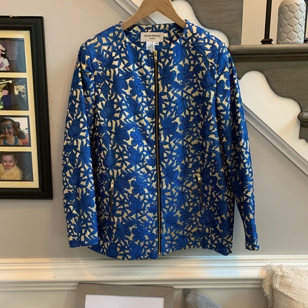 Helene Berman Blue & Gold Sparkle Zip Up Jacket sz M EUC